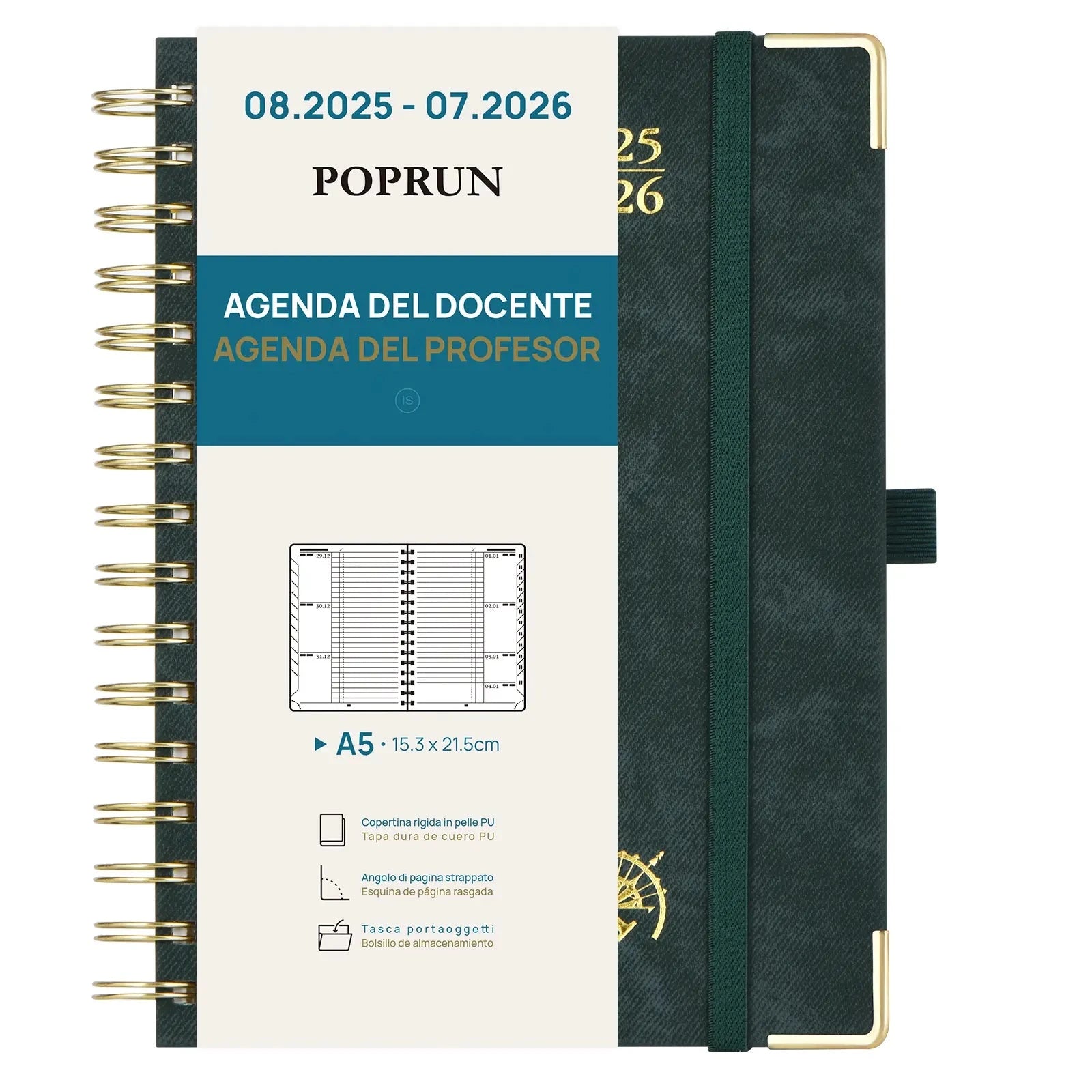 EU A5 Weekly View 2025-2026 Spiral Teacher Planner Vegan Leather Hardcover