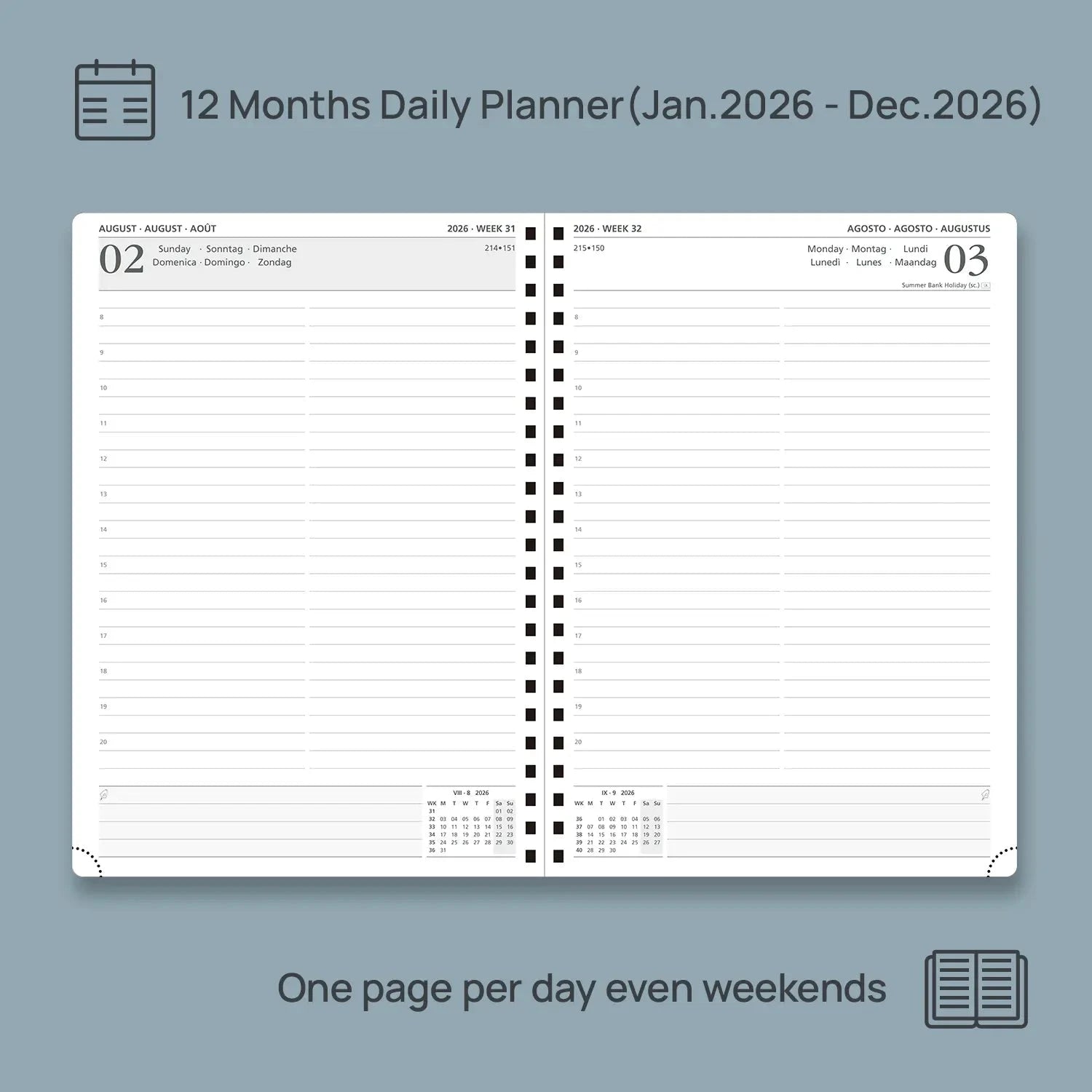 EU A4 Daily Planner 2026 Spiral Hardcover Calendar Planner