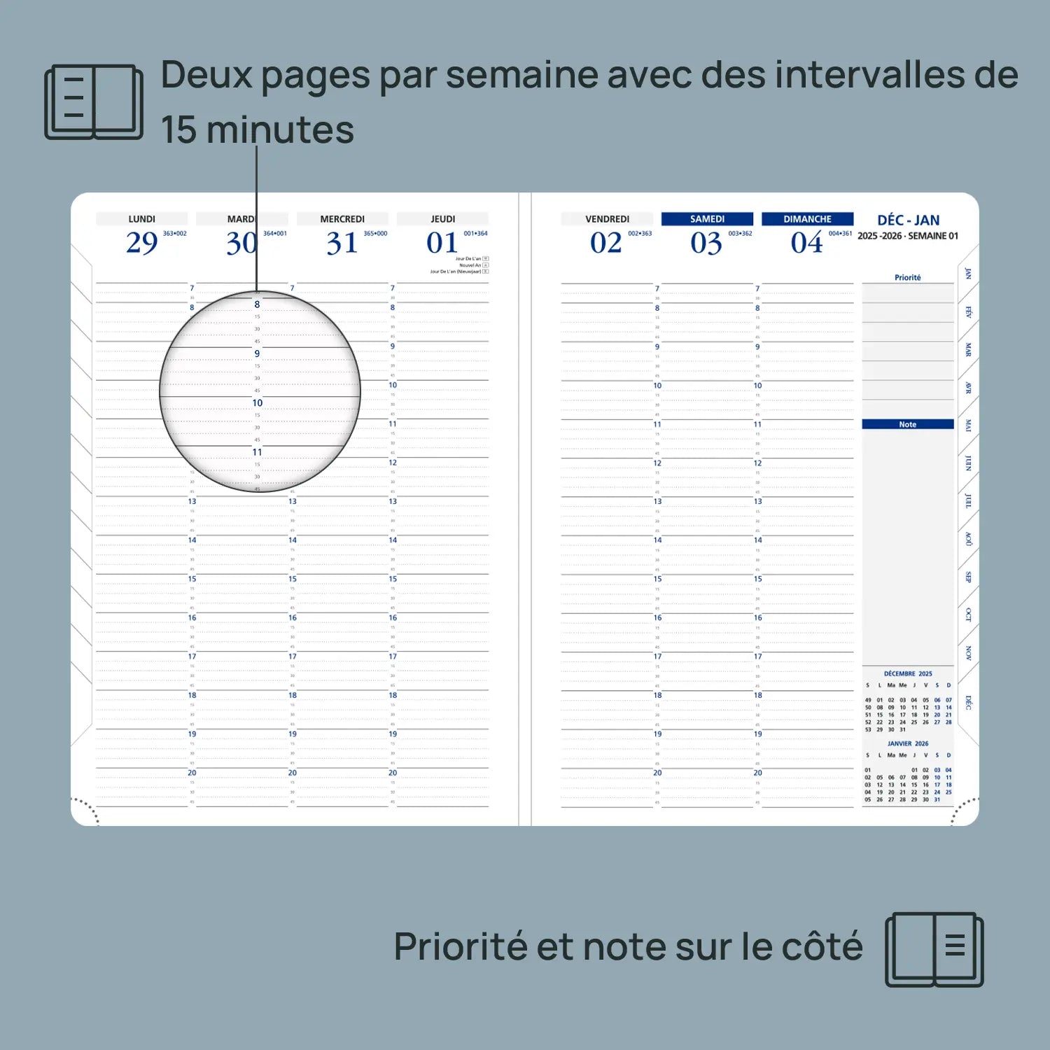 French A4 Weekly Planner 2026 Softcover | 15-Minute Intervals