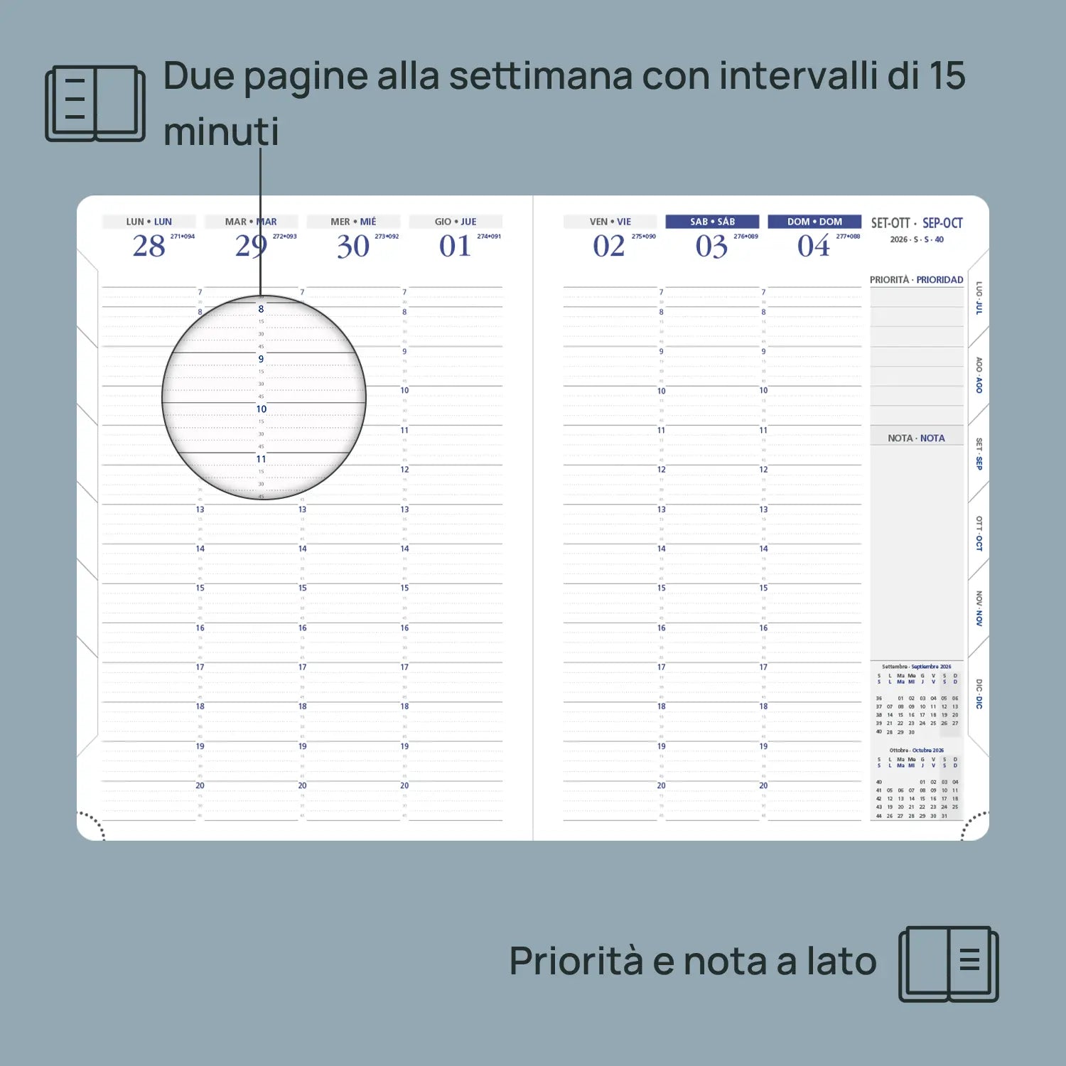 Italian A4 Weekly Planner 2026 Softcover | 15-Minute Intervals
